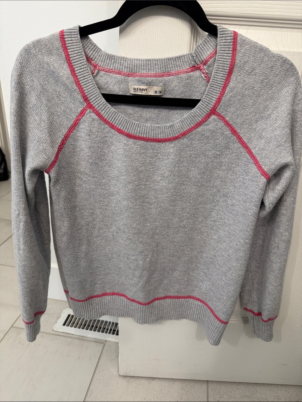 Old Navy Gray Crewneck Sweater with Pink Contrast Stitching